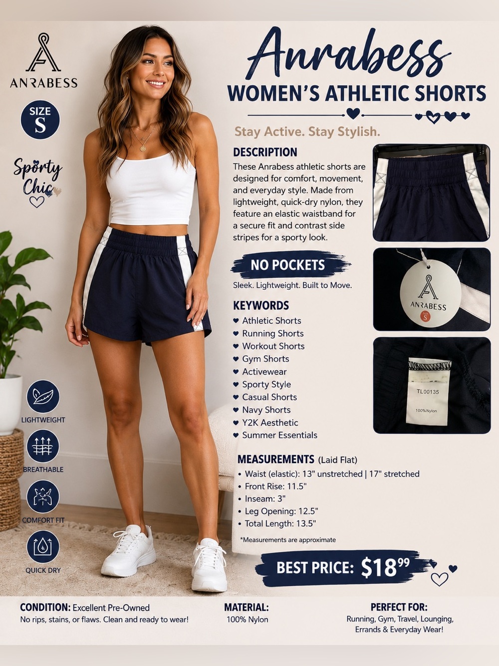 Anrabess Women’s Navy Athletic Shorts with White Side Stripes